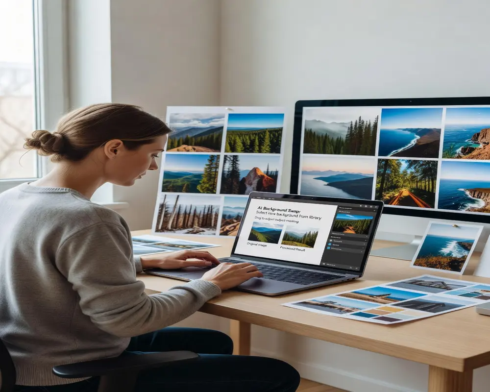ai photo editor type instructions to swap backgrounds - step by step visual guide