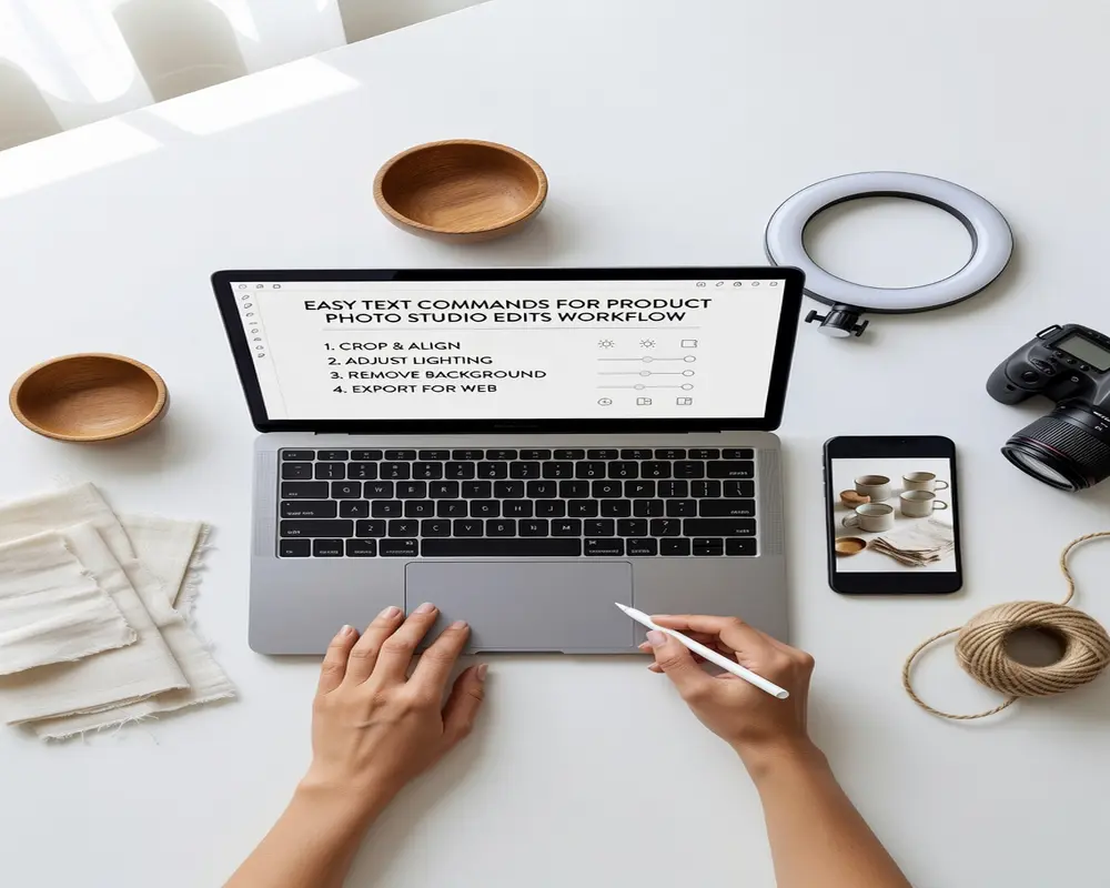 easy text commands for product photo studio edits - step by step visual guide